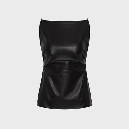 St.Agni Leather Square Neck Top - Black