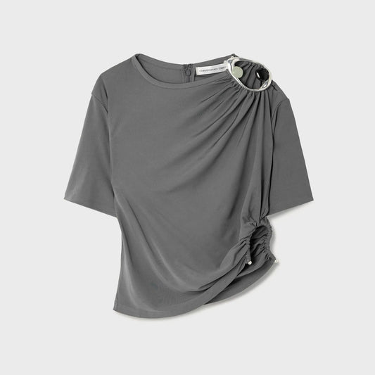 Christopher Esber Prica Crystal Ruched Jersey Tee - Blue Granite