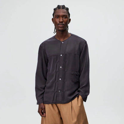 &Kin Garment Dyed Silk Collarless Yardley Shirt - Phantom Grey
