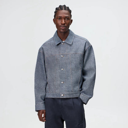 Kith Leather Denim Dario Trucker Jacket - Mid Indigo