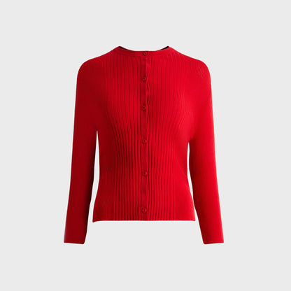 Second Skin Light Weight Vary Rib Knit Cardigan - Red